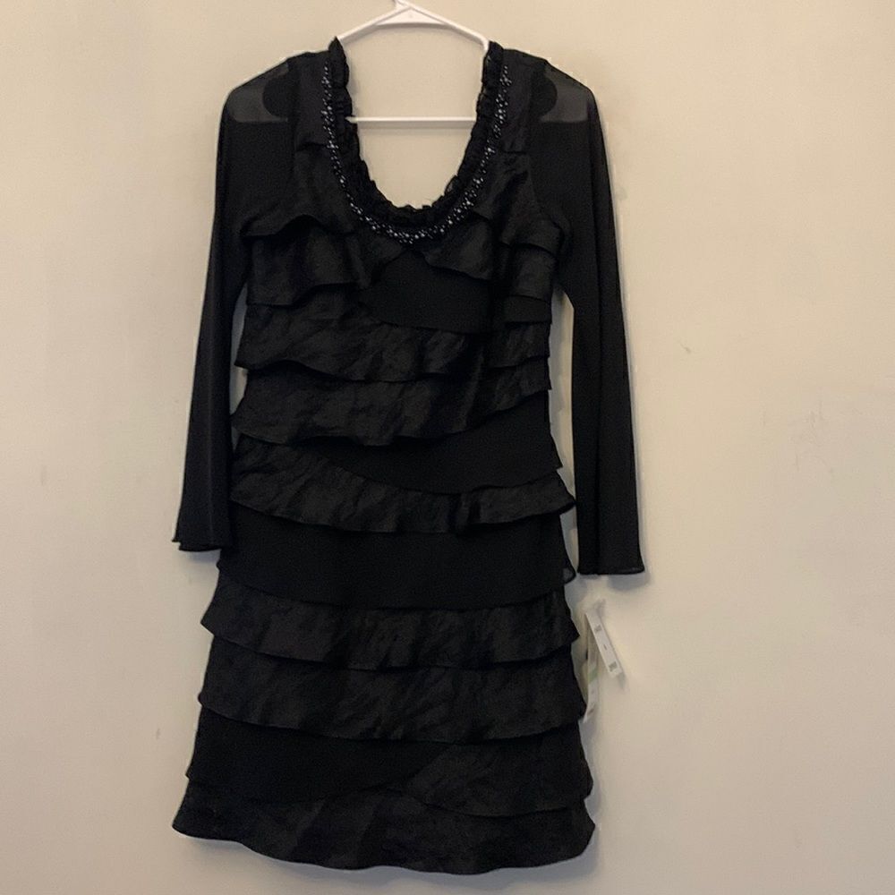 S L Fashions black tiered beaded sheer sleeves dress Size 8 NWT